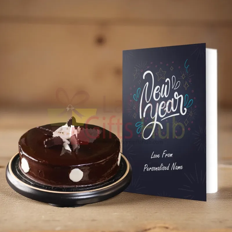 Chocolate Cake with Personalized New Year Card