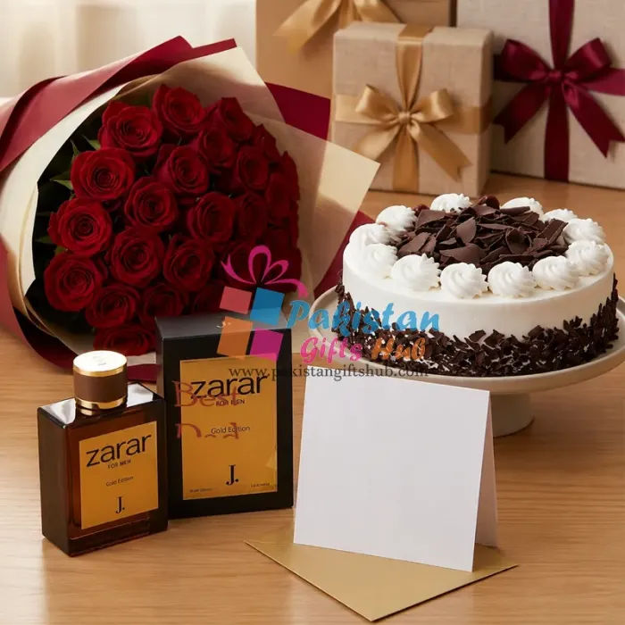 Timeless Romance: 36 Red Roses, J. Zarar Perfume & Black Forest Cake Combo Timeless Romance: 36 Red Roses, J. Zarar Perfume & Black Forest Cake Combo