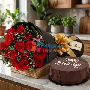Timeless Romance: 24 Red Rose Bouquet & Chocolate Fudge Birthday Timeless Romance: 24 Red Rose Bouquet & Chocolate Fudge Birthday