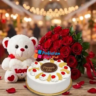 Sweet Sentimentsm - 2lb Pineapple Cake, Roses & Teddy Bear Combo Sweet Sentimentsm - 2lb Pineapple Cake, Roses & Teddy Bear Combo