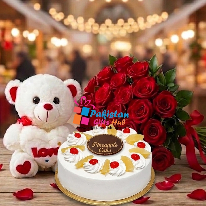 Sweet Sentimentsm - 2lb Pineapple Cake, Roses & Teddy Bear Combo Sweet Sentimentsm - 2lb Pineapple Cake, Roses & Teddy Bear Combo