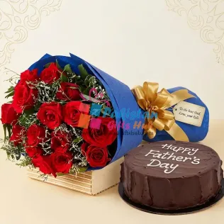 Royal Blue Elegance: Red Roses & Chocolate Fudge Father's Day Combo