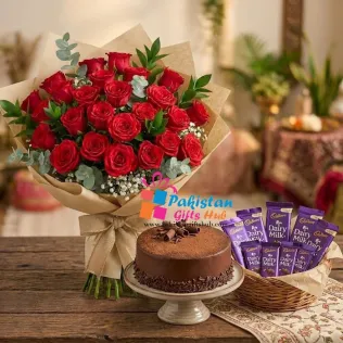 The Grand Celebration - 36 Roses, Fudge Cake & Chocolate Basket The Grand Celebration - 36 Roses, Fudge Cake & Chocolate Basket