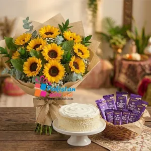Radiant Joy: Sunflowers, Raffaello Cake & Chocolate Hamper Radiant Joy: Sunflowers, Raffaello Cake & Chocolate Hamper