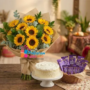 Radiant Joy: Sunflowers, Raffaello Cake & Chocolate Hamper Radiant Joy: Sunflowers, Raffaello Cake & Chocolate Hamper