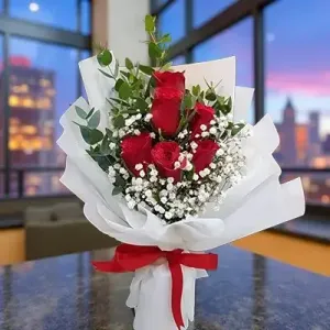 6 Imported Red Roses with Baby Breath 6 Imported Red Roses with Baby Breath
