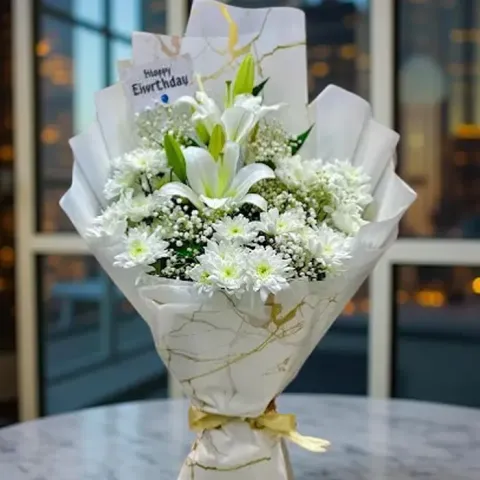 White Chrysanthemums with Lily Bouquet