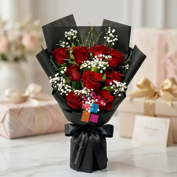 Midnight Romance: 10 Red Rose Bouquet Midnight Romance: 10 Red Rose Bouquet