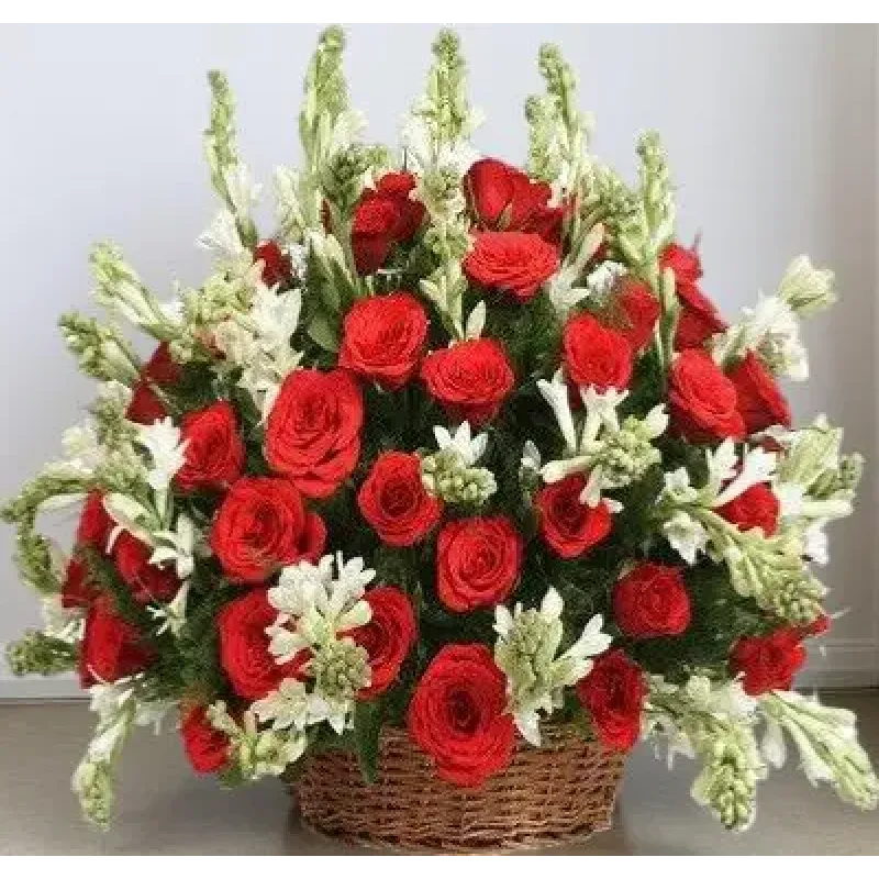 Red Roses & Tube Roses Basket