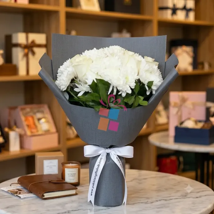 Pure Elegance: White Rose & Chrysanthemum Bouquet Pure Elegance: White Rose & Chrysanthemum Bouquet
