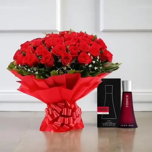 Deep Red Romance Roses & Perfume Combo